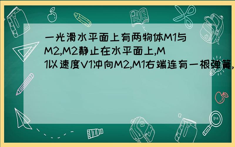 一光滑水平面上有两物体M1与M2,M2静止在水平面上,M1以速度V1冲向M2,M1右端连有一根弹簧,如下图求MI与M2碰撞过程中弹簧的最大弹性势能?答案上列了两个式子：（设弹簧压缩程度最大时,两物体