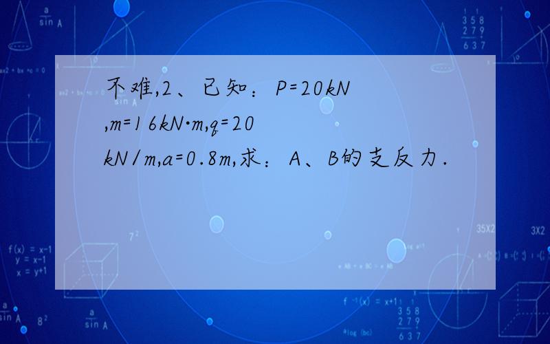 不难,2、已知：P=20kN,m=16kN·m,q=20kN/m,a=0.8m,求：A、B的支反力.