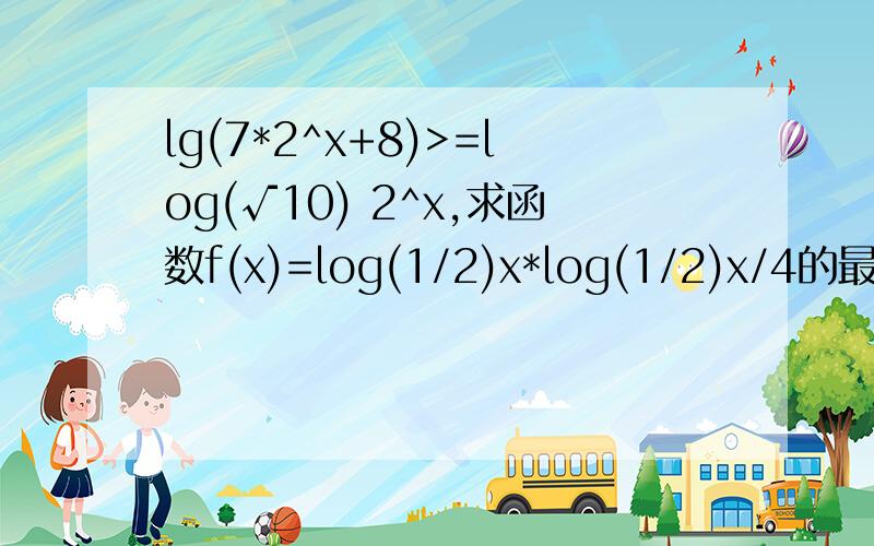 lg(7*2^x+8)>=log(√10) 2^x,求函数f(x)=log(1/2)x*log(1/2)x/4的最小值