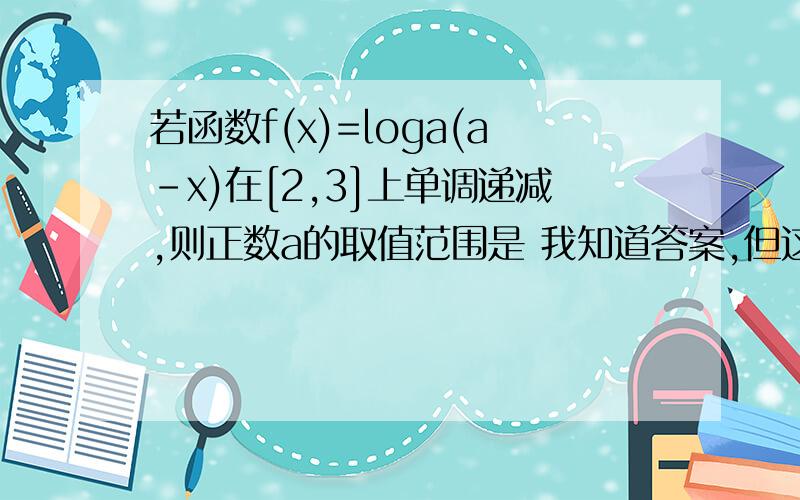 若函数f(x)=loga(a-x)在[2,3]上单调递减,则正数a的取值范围是 我知道答案,但这个解释我无法理解f(t)=loga tt(x)=a-x 这个函数在定义域是单调递减的而f(x)也是单调递减的,所以f(t)=loga t 要在定义域上