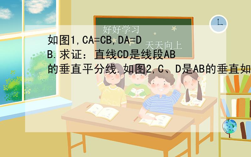 如图1,CA=CB,DA=DB.求证：直线CD是线段AB的垂直平分线.如图2,C、D是AB的垂直如图1,CA=CB,DA=DB.求证：直线CD是线段AB的垂直平分线.如图2,C、D是AB的垂直平分线MN上两点.求证：∠CAD=∠CBD.